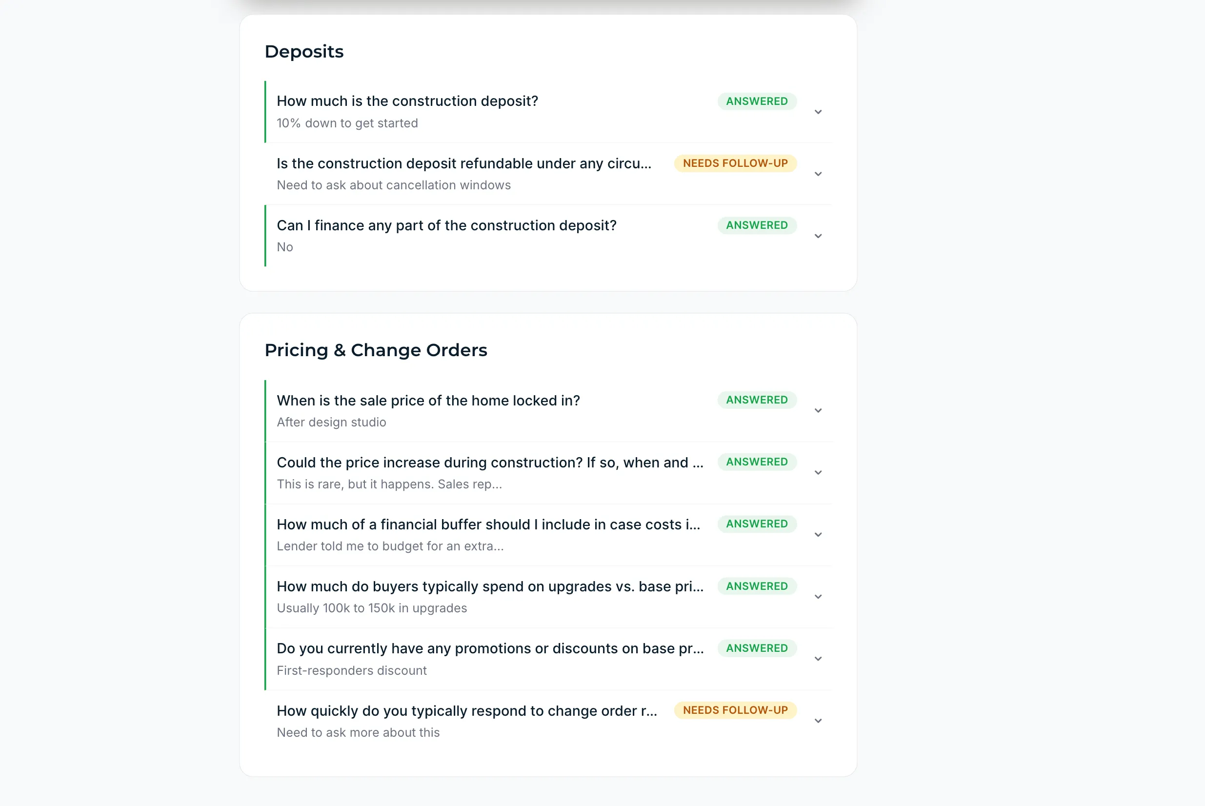 Deposit and financing questions tracker